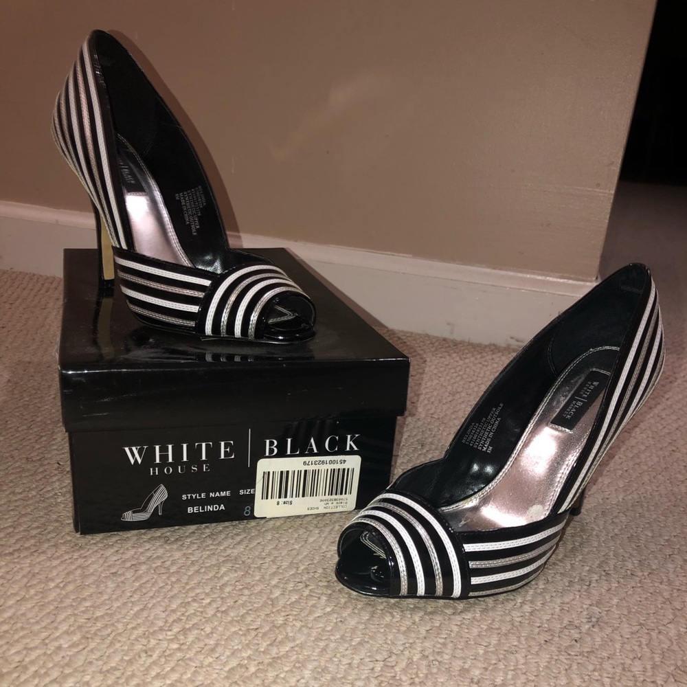 White House Black Market Black & White Striped Peep-Toe Heels